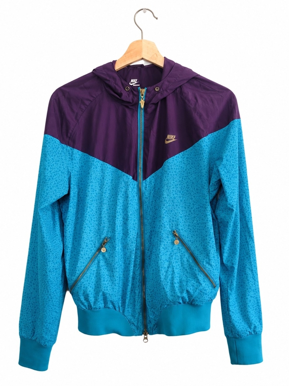 VTG NIKE Girls Hooded Windbreaker Jacket Sz L 12-14 Mosaic Print Purple/Blue